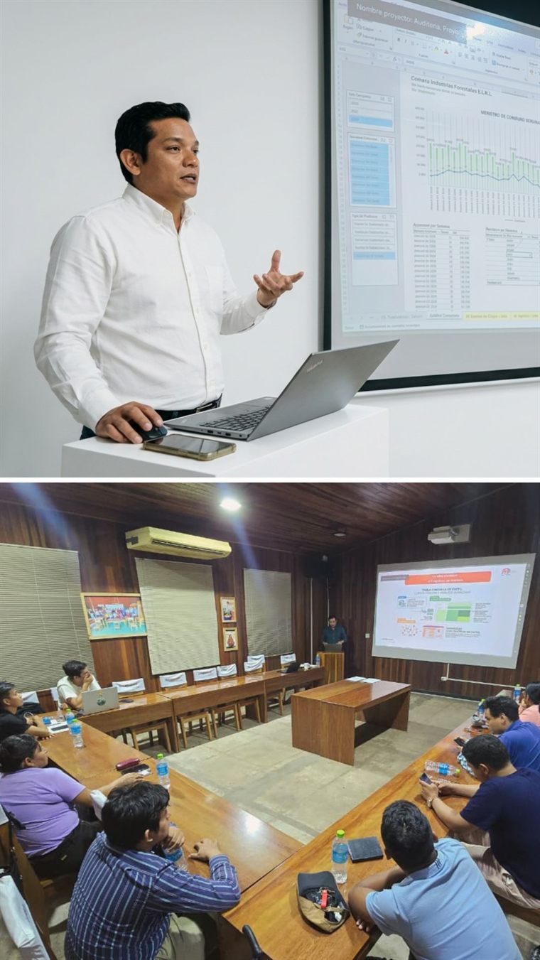 Julio Cuestas presentando un dashboard de análisis de datos en Excel durante una capacitación empresarial